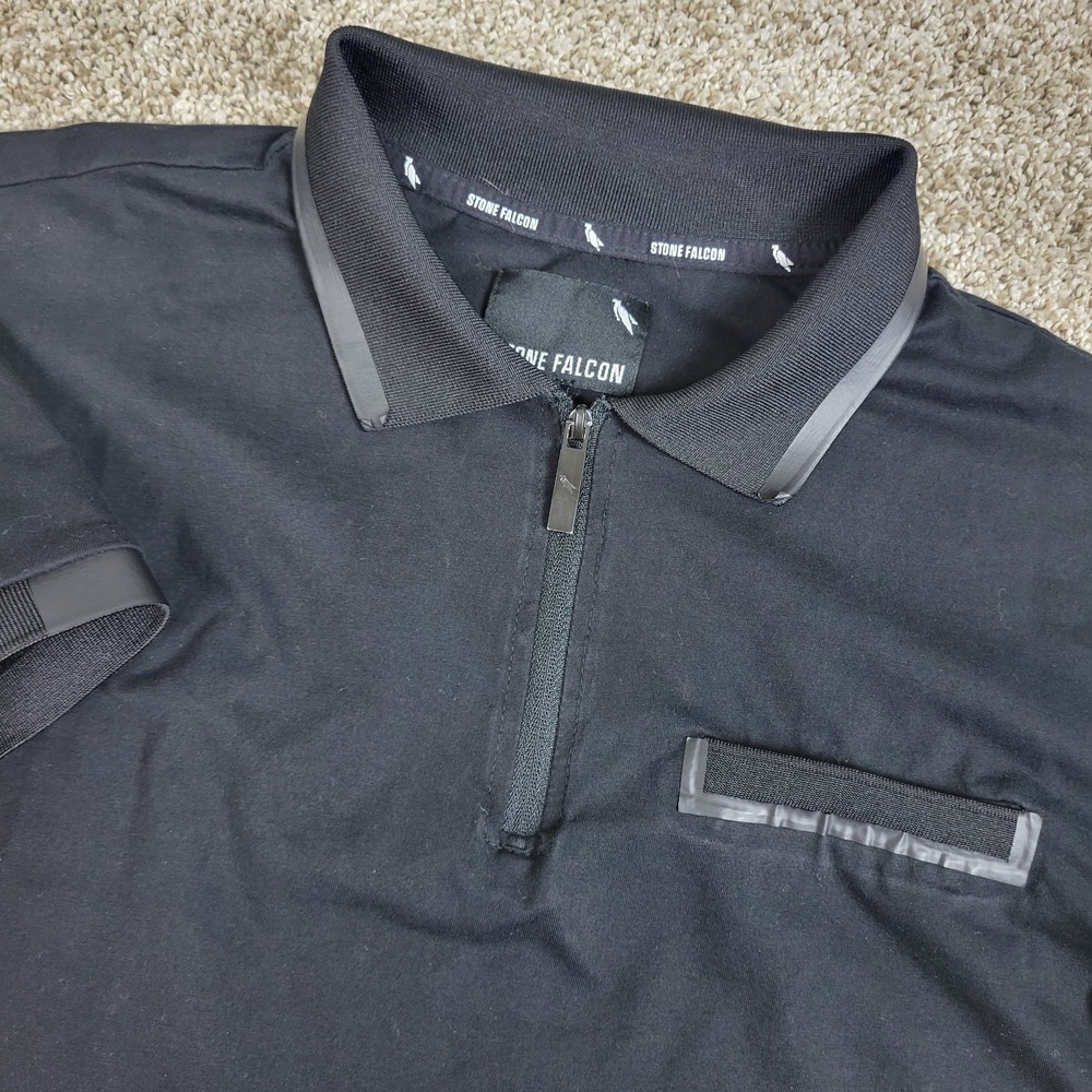 Stone Falcon Mens Medium Solid Black Performance Stretch Quarter Zip Polo